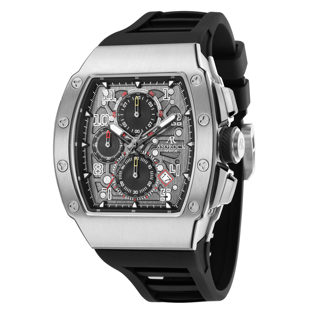 Silver/Black Motorsport GT - from ASOROCK WATCHES  a black african american owned luxury unique watch brand with swiss rolex, Audemars Piguet, patek homage inspired style watches. Also a custom vvs moissanite diamond watch maker.
