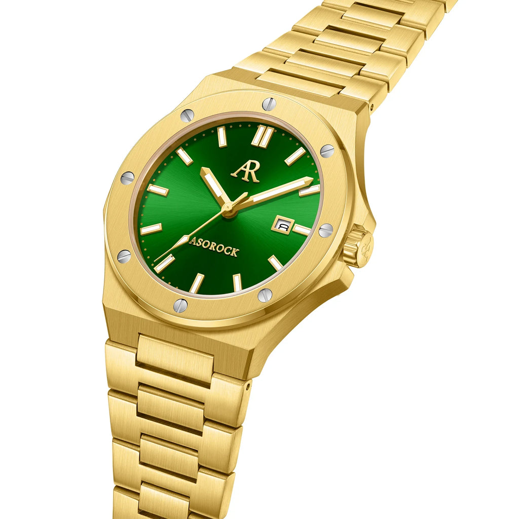 Gold/Green Mansa - from ASOROCK WATCHES  a black african american owned luxury unique watch brand with swiss rolex, Audemars Piguet, patek homage inspired style watches. Also a custom vvs moissanite diamond watch maker.
