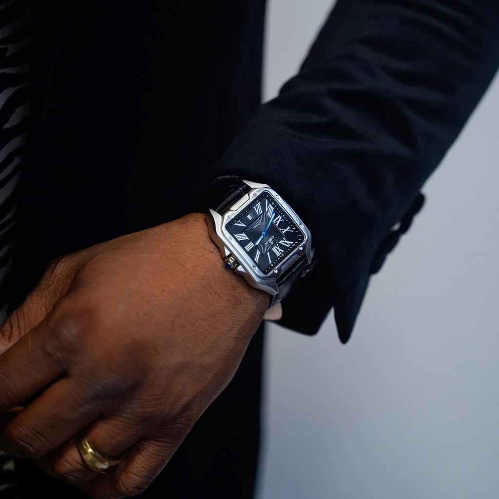 Silver/Black Diplomat - from ASOROCK WATCHES  a black african american owned luxury unique watch brand with swiss rolex, Audemars Piguet, patek homage inspired style watches. Also a custom vvs moissanite diamond watch maker.