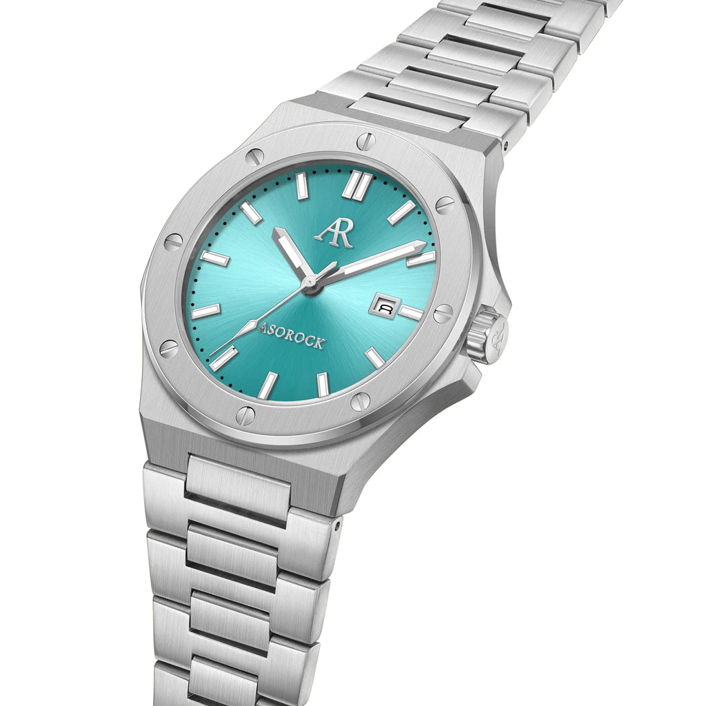 Silver/Blue turquoise dial Mansa - from ASOROCK WATCHES  a black african american owned luxury unique watch brand with swiss rolex, Audemars Piguet, patek homage inspired style watches. Also a custom vvs moissanite diamond watch maker.