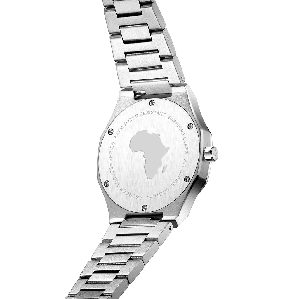 Silver/Blue turquoise dial goddess - from ASOROCK WATCHES  a black african american owned luxury unique watch brand with swiss rolex, Audemars Piguet, patek homage inspired style watches. Also a custom vvs moissanite diamond watch maker.