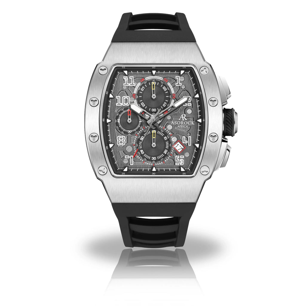 Silver/Black Motorsport GT - from ASOROCK WATCHES  a black african american owned luxury unique watch brand with swiss rolex, Audemars Piguet, patek homage inspired style watches. Also a custom vvs moissanite diamond watch maker.