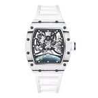 Motorsport-inspired skeleton watch with white case, white strap, and intricate openwork dial