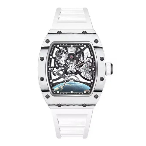 Motorsport-inspired skeleton watch with white case, white strap, and intricate openwork dial