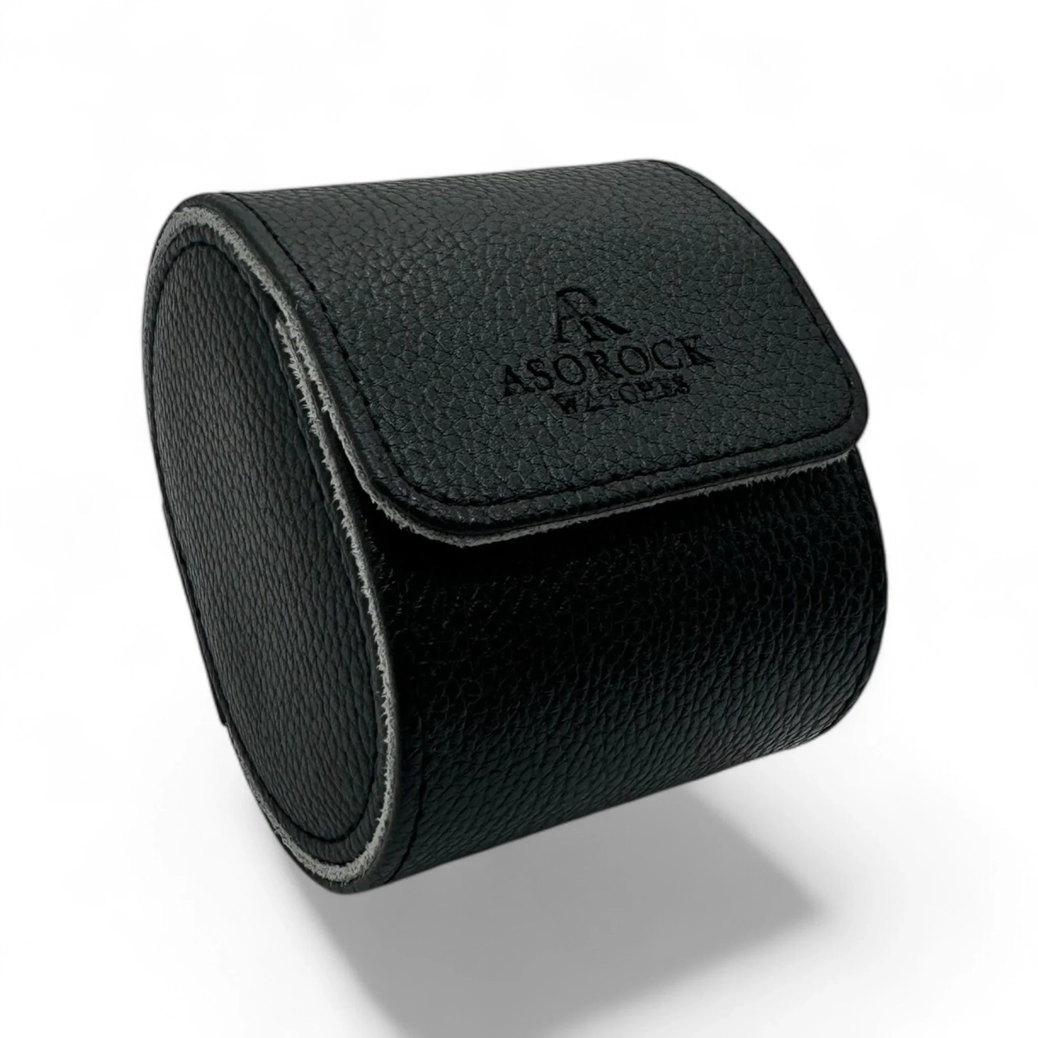 Black litchi leather single slot watch case - from ASOROCK WATCHES  a black african american owned luxury unique watch brand with swiss rolex, Audemars Piguet, patek homage inspired style watches. Also a custom vvs moissanite diamond watch maker.