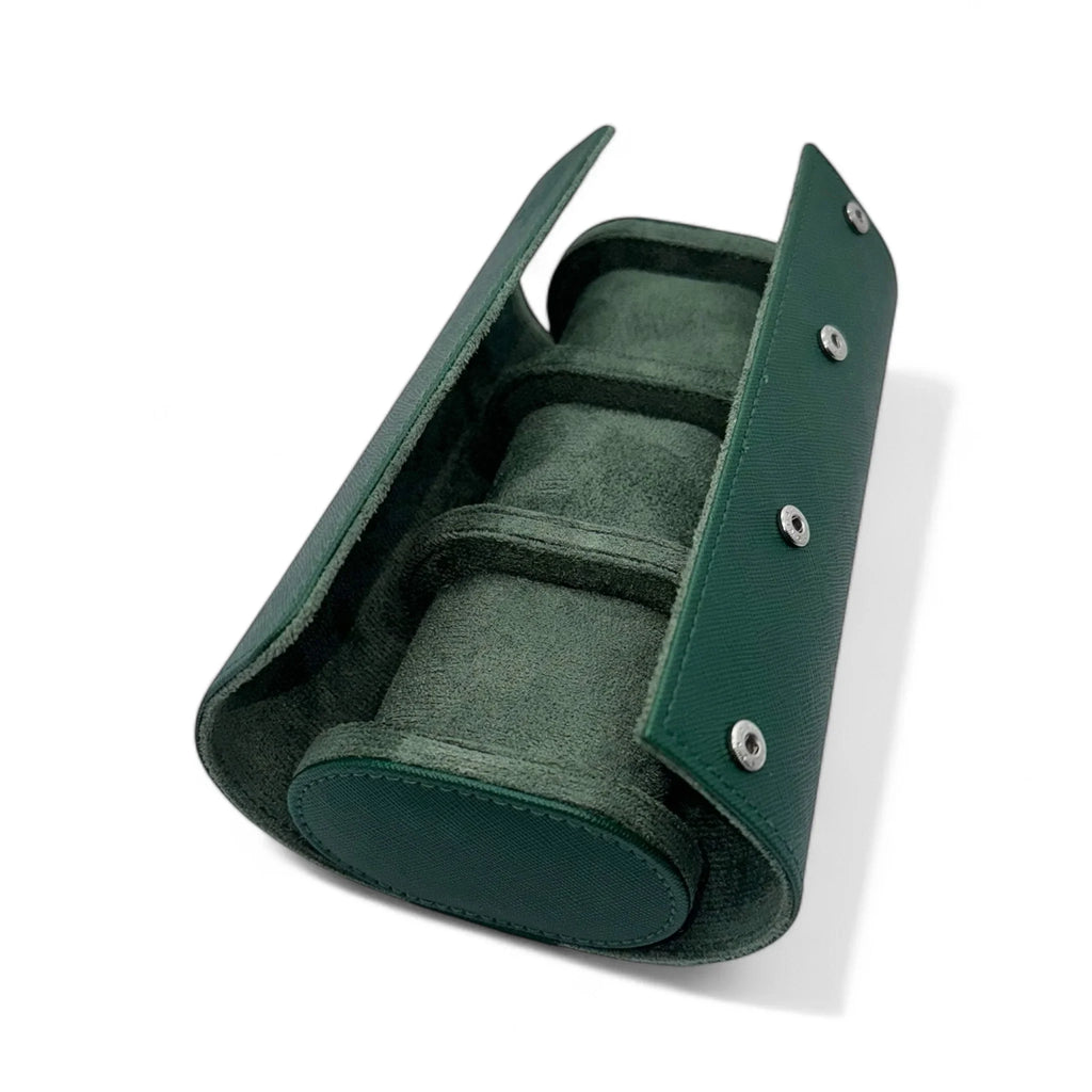 Green saffiano leather 3 watch holder case - from ASOROCK WATCHES  a black african american owned luxury unique watch brand with swiss rolex, Audemars Piguet, patek homage inspired style watches. Also a custom vvs moissanite diamond watch maker.