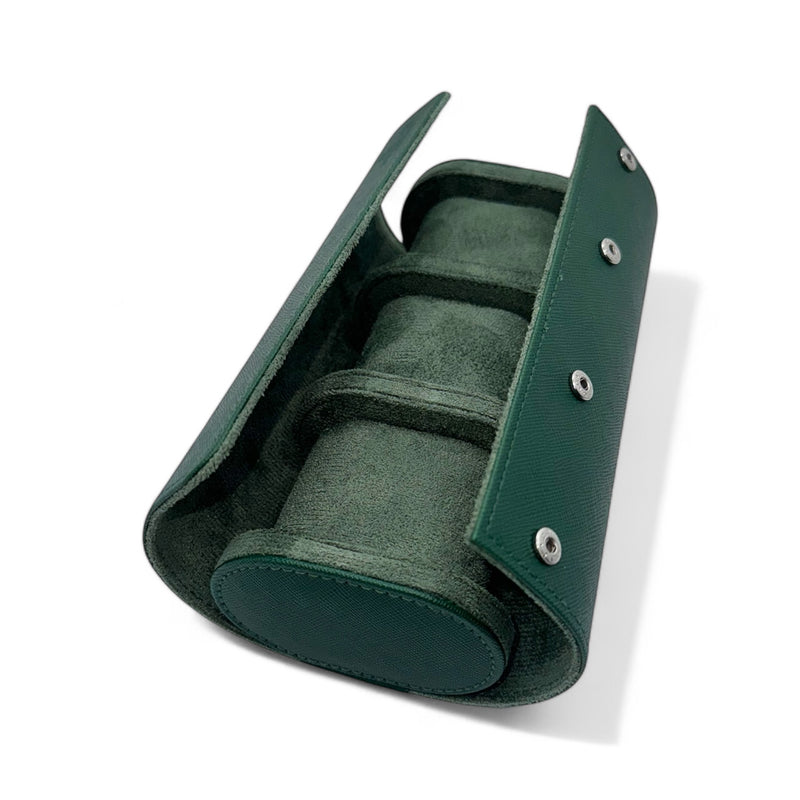 Green saffiano leather 3 watch holder case