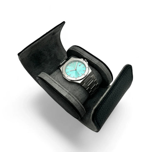 Black litchi leather single slot watch case - from ASOROCK WATCHES  a black african american owned luxury unique watch brand with swiss rolex, Audemars Piguet, patek homage inspired style watches. Also a custom vvs moissanite diamond watch maker.