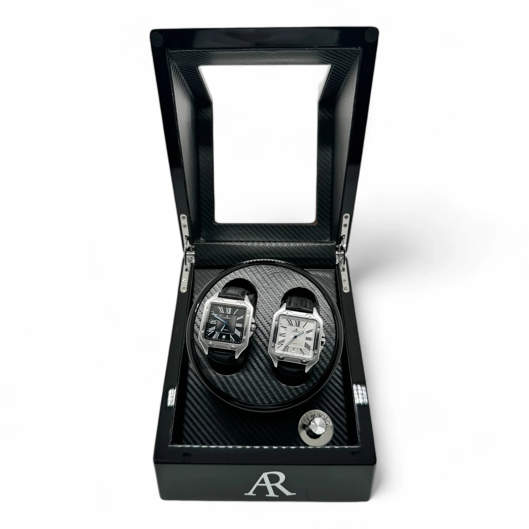 2 slot AR Branded automatic carbon fiber watch winder box - from ASOROCK WATCHES  a black african american owned luxury unique watch brand with swiss rolex, Audemars Piguet, patek homage inspired style watches. Also a custom vvs moissanite diamond watch maker.