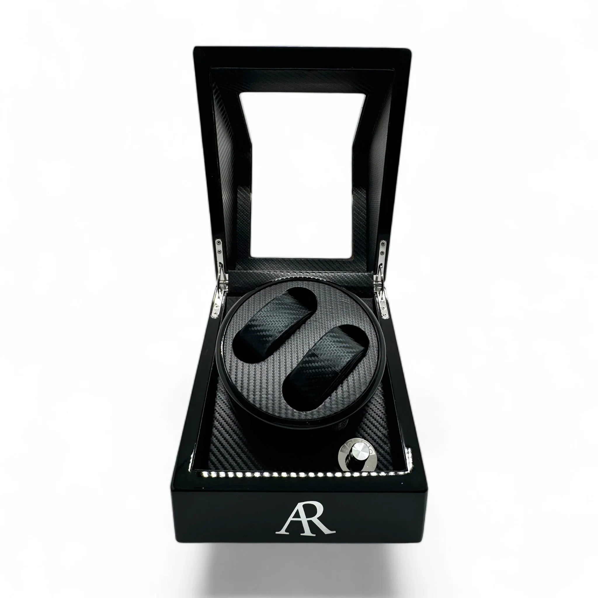 2 slot AR Branded automatic carbon fiber watch winder box - from ASOROCK WATCHES  a black african american owned luxury unique watch brand with swiss rolex, Audemars Piguet, patek homage inspired style watches. Also a custom vvs moissanite diamond watch maker.