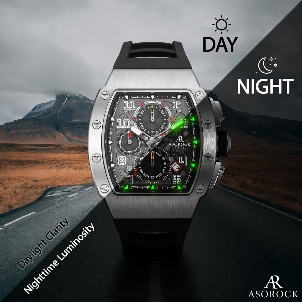 Silver/Black Motorsport GT - from ASOROCK WATCHES  a black african american owned luxury unique watch brand with swiss rolex, Audemars Piguet, patek homage inspired style watches. Also a custom vvs moissanite diamond watch maker.