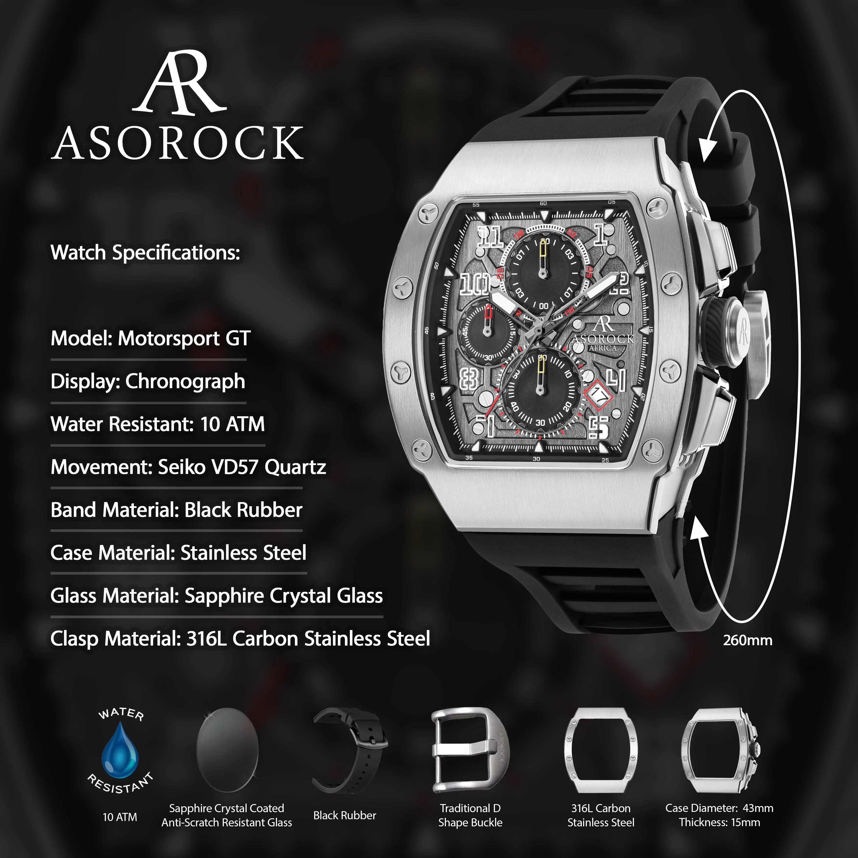 Silver/Black Motorsport GT - from ASOROCK WATCHES  a black african american owned luxury unique watch brand with swiss rolex, Audemars Piguet, patek homage inspired style watches. Also a custom vvs moissanite diamond watch maker.