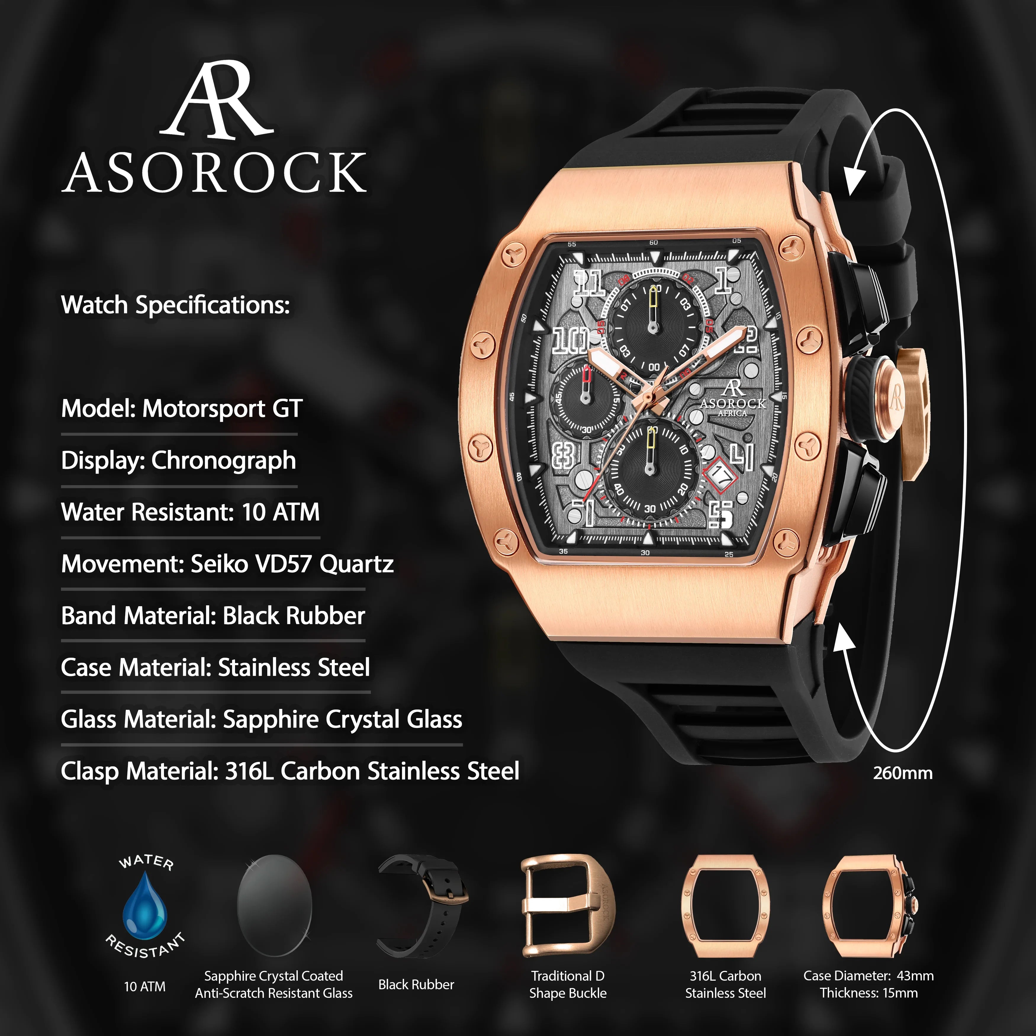Rosegold/Black Motorsport GT - from ASOROCK WATCHES  a black african american owned luxury unique watch brand with swiss rolex, Audemars Piguet, patek homage inspired style watches. Also a custom vvs moissanite diamond watch maker.