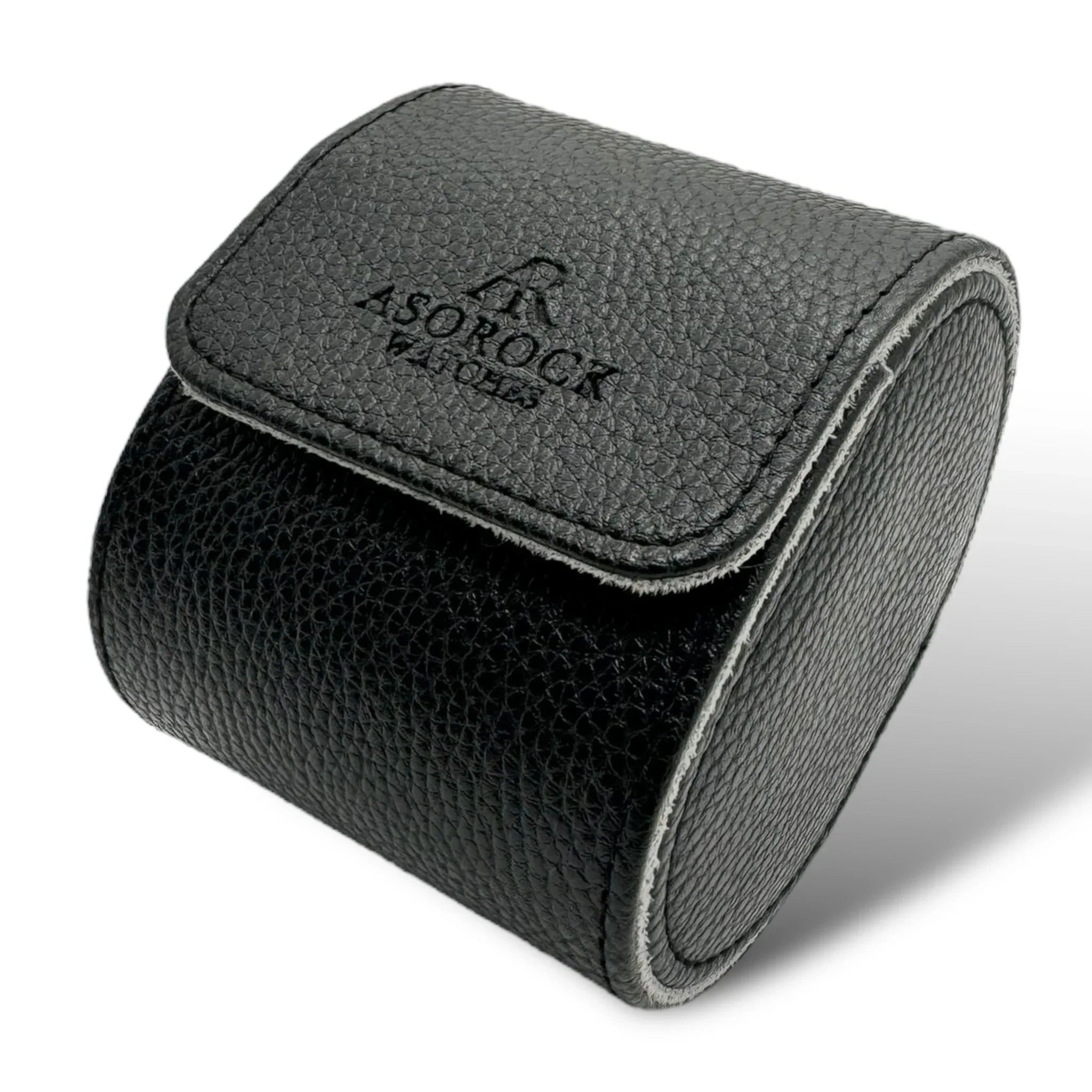 Black litchi leather single slot watch case - from ASOROCK WATCHES  a black african american owned luxury unique watch brand with swiss rolex, Audemars Piguet, patek homage inspired style watches. Also a custom vvs moissanite diamond watch maker.