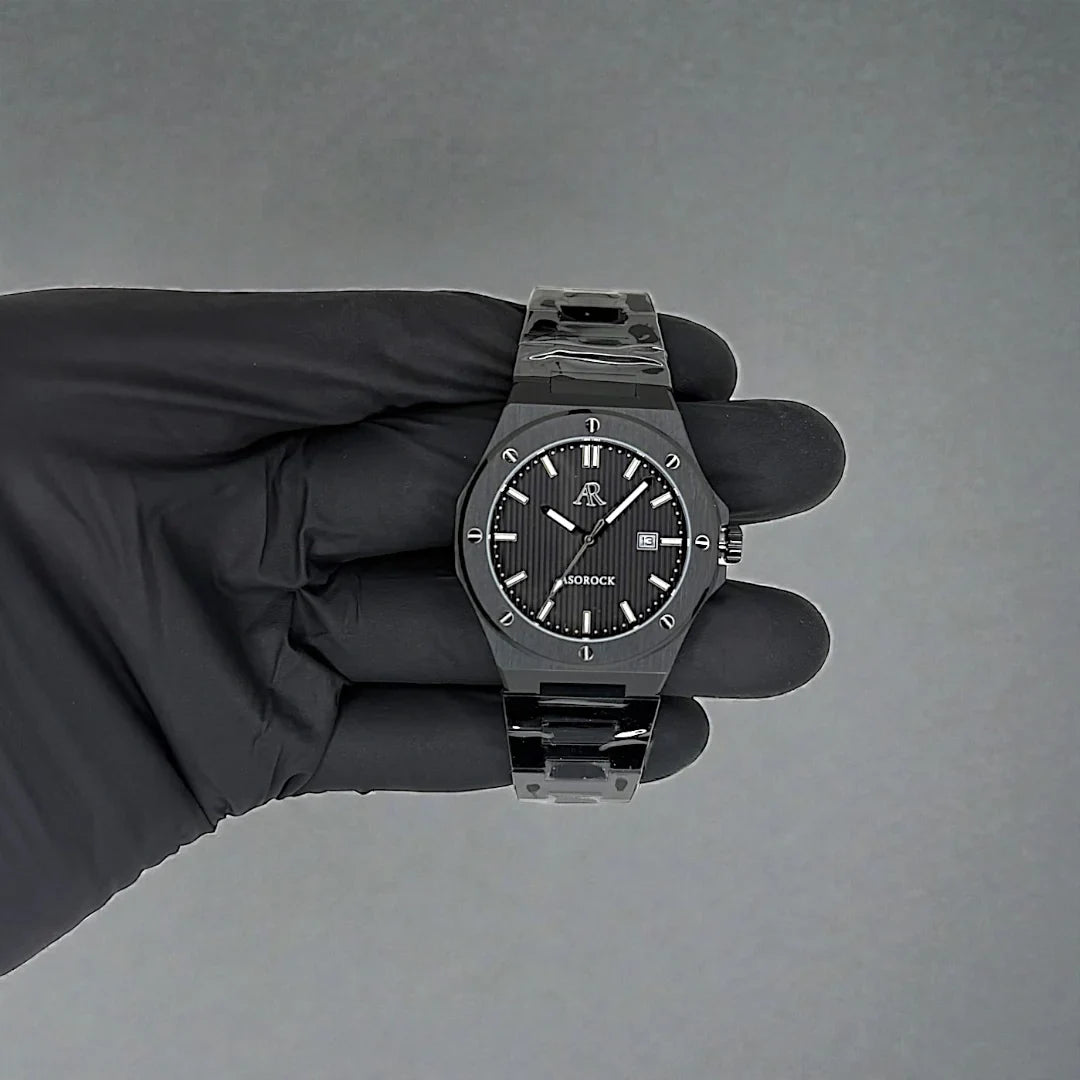 All black Mansa - from ASOROCK WATCHES  a black african american owned luxury unique watch brand with swiss rolex, Audemars Piguet, patek homage inspired style watches. Also a custom vvs moissanite diamond watch maker.