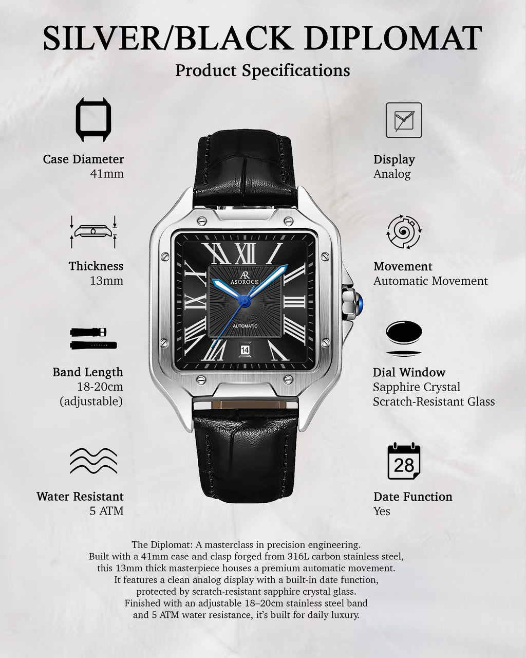 Silver/Black - navy blue strap Diplomat