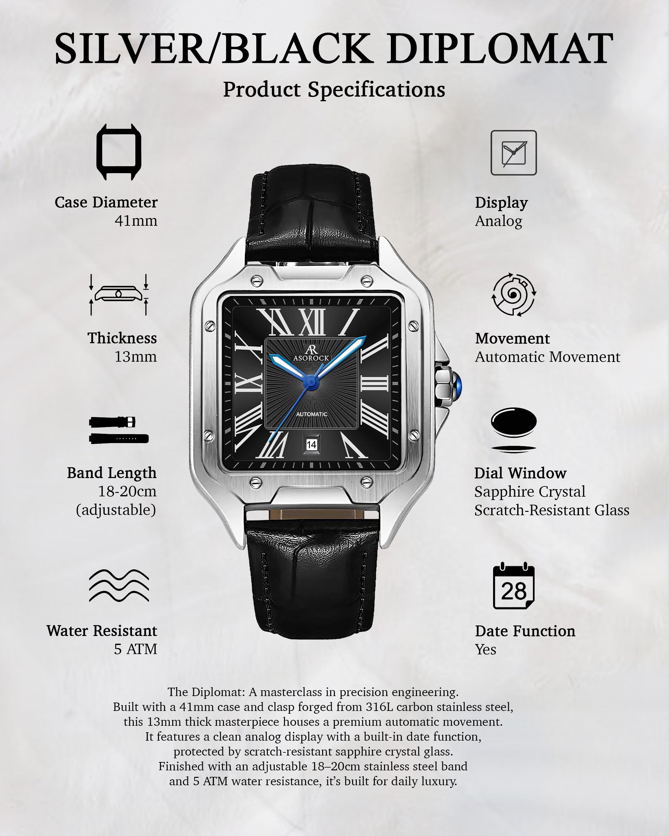 Silver/Black - navy blue strap Diplomat