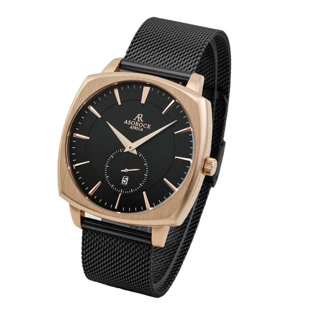 RoseGold/Black Monolith (black mesh strap) - from ASOROCK WATCHES  a black african american owned luxury unique watch brand with swiss rolex, Audemars Piguet, patek homage inspired style watches. Also a custom vvs moissanite diamond watch maker.