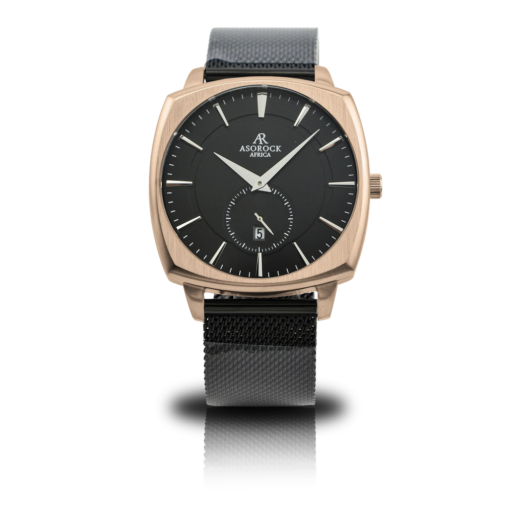 RoseGold/Black Monolith (black mesh strap) - from ASOROCK WATCHES  a black african american owned luxury unique watch brand with swiss rolex, Audemars Piguet, patek homage inspired style watches. Also a custom vvs moissanite diamond watch maker.
