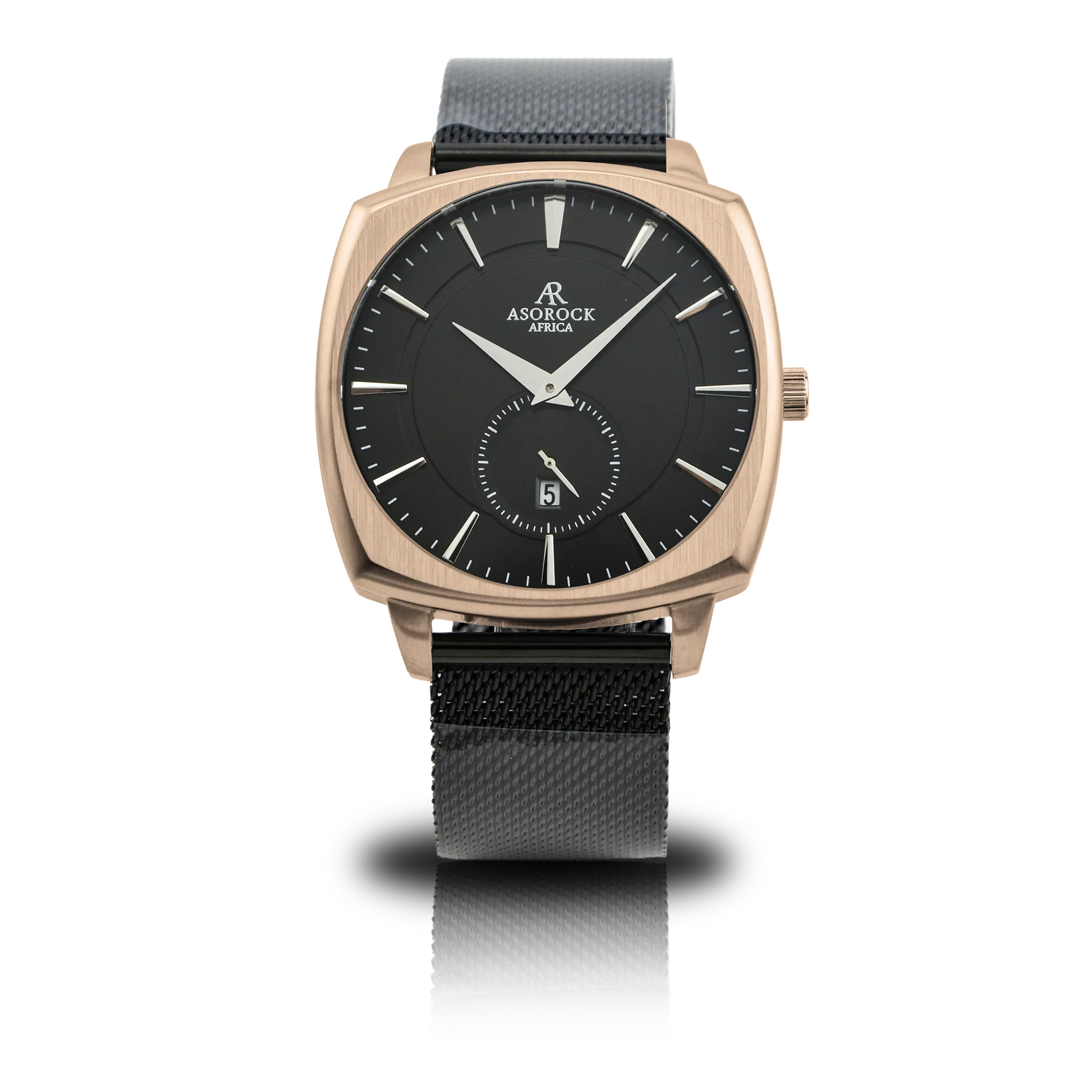 RoseGold/Black Monolith (black mesh strap) - from ASOROCK WATCHES  a black african american owned luxury unique watch brand with swiss rolex, Audemars Piguet, patek homage inspired style watches. Also a custom vvs moissanite diamond watch maker.