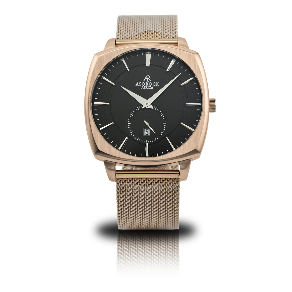 RoseGold/Black Monolith (rosegold mesh strap) - from ASOROCK WATCHES  a black african american owned luxury unique watch brand with swiss rolex, Audemars Piguet, patek homage inspired style watches. Also a custom vvs moissanite diamond watch maker.