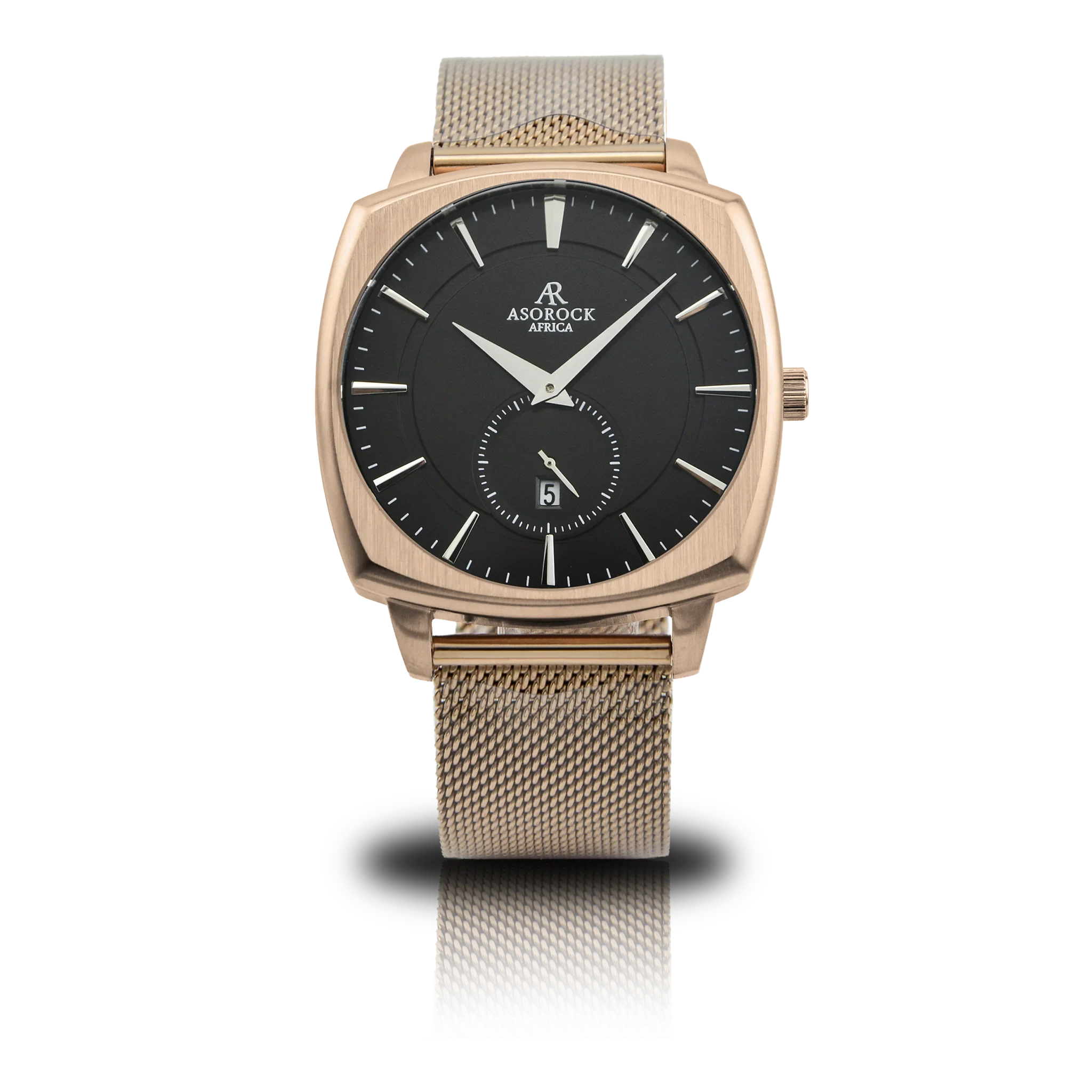 RoseGold/Black Monolith (rosegold mesh strap) - from ASOROCK WATCHES  a black african american owned luxury unique watch brand with swiss rolex, Audemars Piguet, patek homage inspired style watches. Also a custom vvs moissanite diamond watch maker.