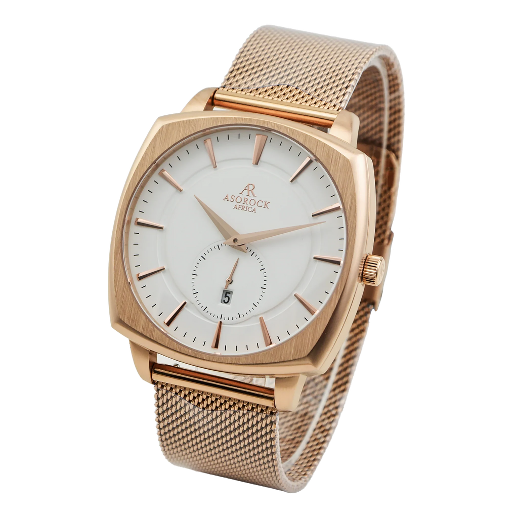 RoseGold/White Monolith (rosegold mesh strap) - from ASOROCK WATCHES  a black african american owned luxury unique watch brand with swiss rolex, Audemars Piguet, patek homage inspired style watches. Also a custom vvs moissanite diamond watch maker.
