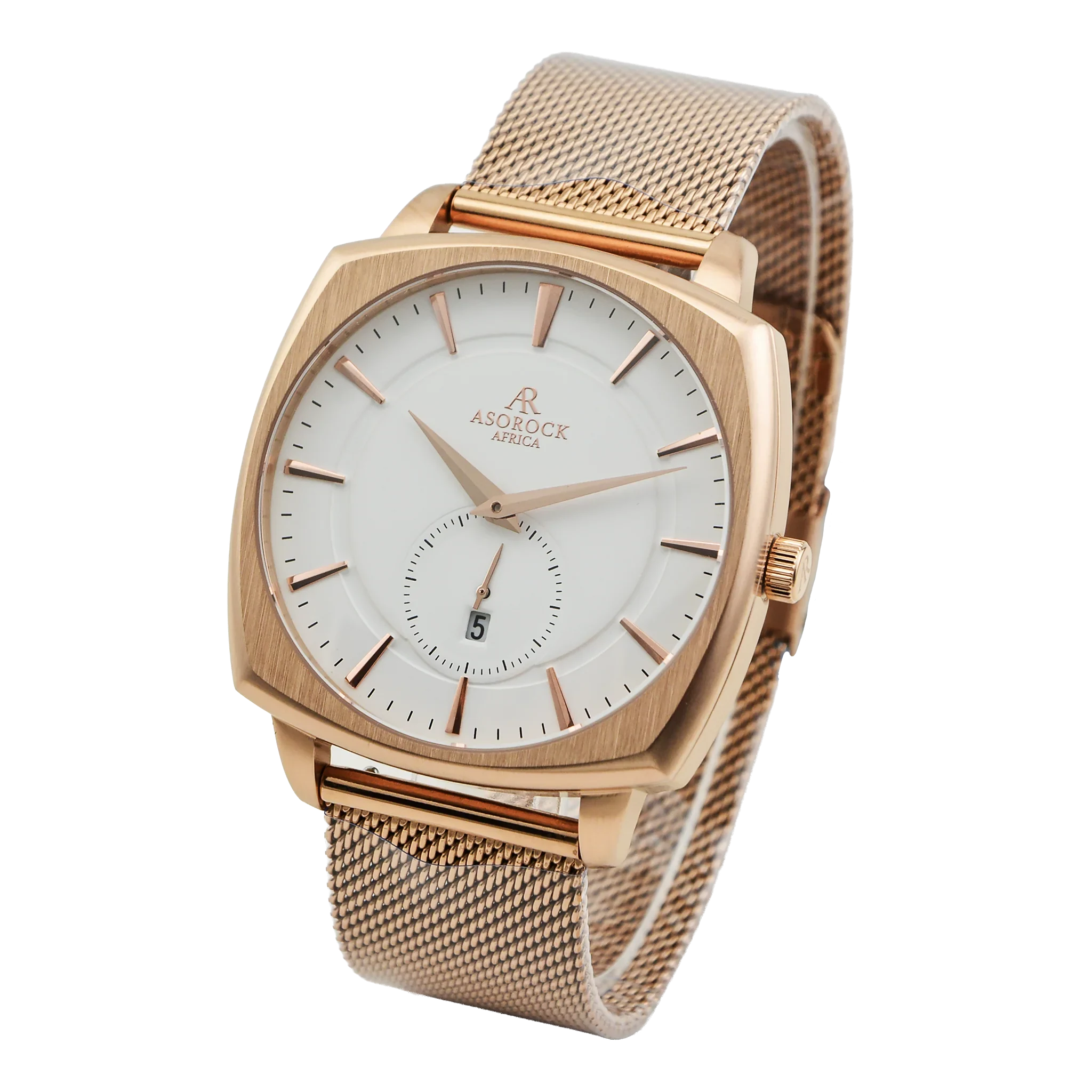 RoseGold/White Monolith (rosegold mesh strap) - from ASOROCK WATCHES  a black african american owned luxury unique watch brand with swiss rolex, Audemars Piguet, patek homage inspired style watches. Also a custom vvs moissanite diamond watch maker.