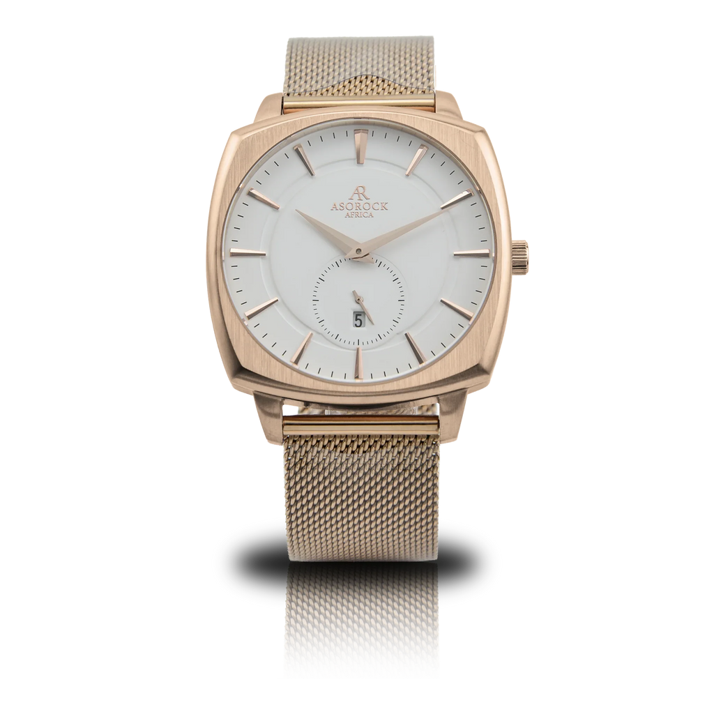 RoseGold/White Monolith (rosegold mesh strap) - from ASOROCK WATCHES  a black african american owned luxury unique watch brand with swiss rolex, Audemars Piguet, patek homage inspired style watches. Also a custom vvs moissanite diamond watch maker.