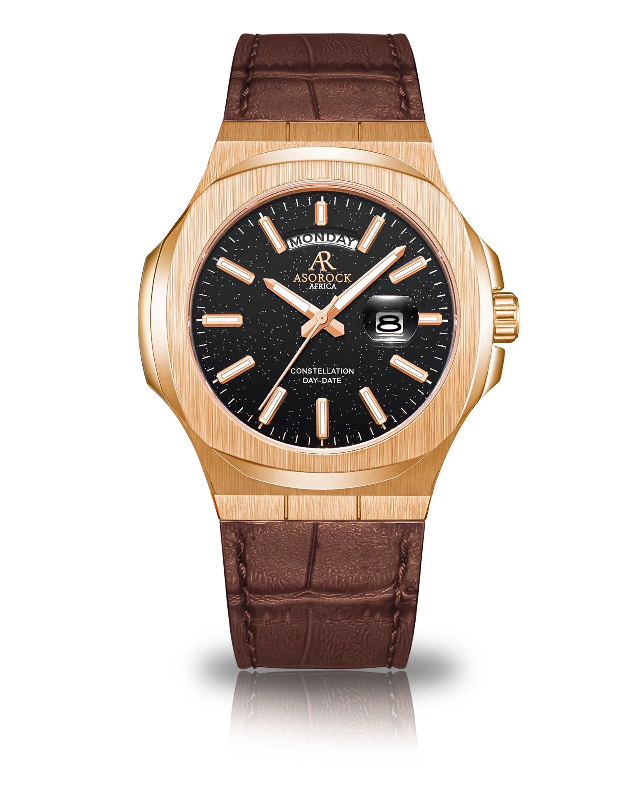 Rosegold/Black - Brown leather - plain Constellation Day Date - from ASOROCK WATCHES  a black african american owned luxury unique watch brand with swiss rolex, Audemars Piguet, patek homage inspired style watches. Also a custom vvs moissanite diamond watch maker.