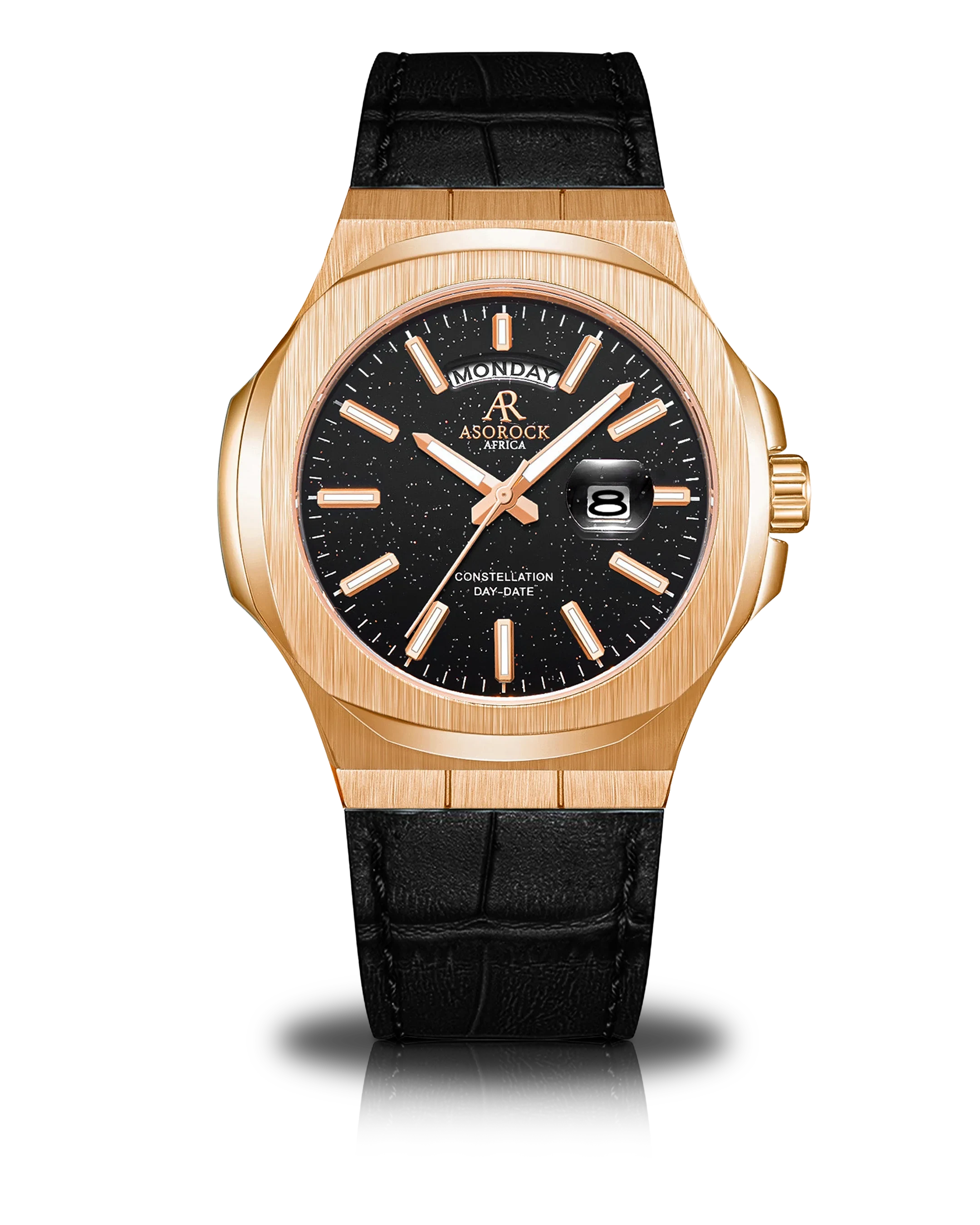 Rosegold/Black - Black leather - plain Constellation Day Date - from ASOROCK WATCHES  a black african american owned luxury unique watch brand with swiss rolex, Audemars Piguet, patek homage inspired style watches. Also a custom vvs moissanite diamond watch maker.