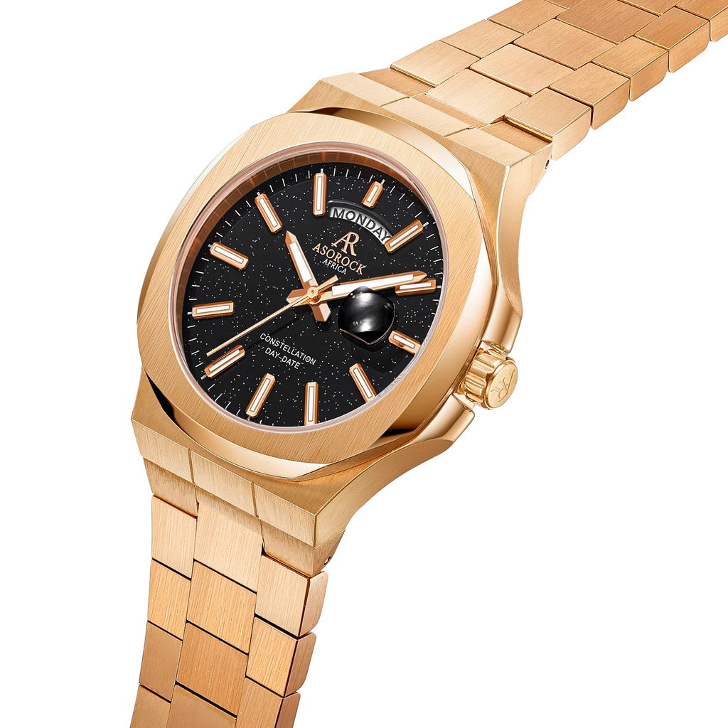 Rosegold/Black plain Constellation Day Date - from ASOROCK WATCHES  a black african american owned luxury unique watch brand with swiss rolex, Audemars Piguet, patek homage inspired style watches. Also a custom vvs moissanite diamond watch maker.