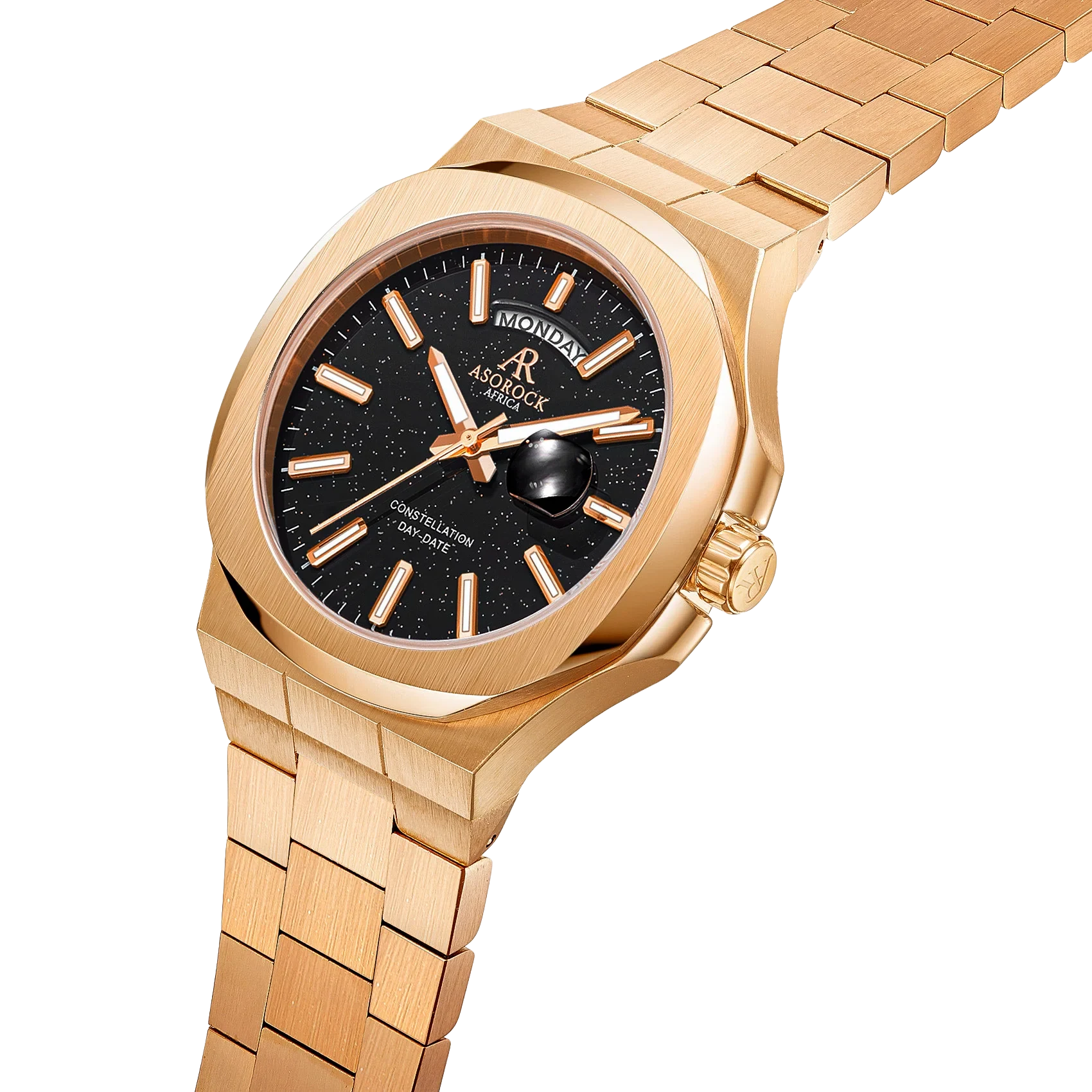 Rosegold/Black plain Constellation Day Date - from ASOROCK WATCHES  a black african american owned luxury unique watch brand with swiss rolex, Audemars Piguet, patek homage inspired style watches. Also a custom vvs moissanite diamond watch maker.