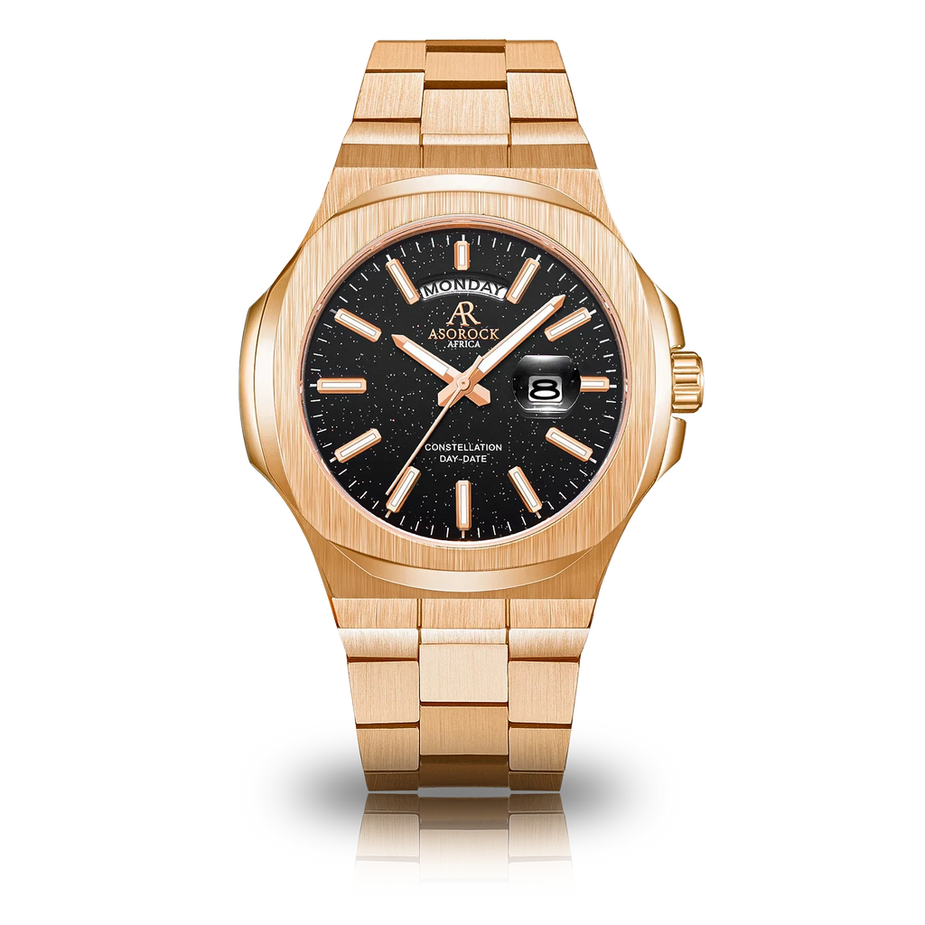 Rosegold/Black plain Constellation Day Date - from ASOROCK WATCHES  a black african american owned luxury unique watch brand with swiss rolex, Audemars Piguet, patek homage inspired style watches. Also a custom vvs moissanite diamond watch maker.