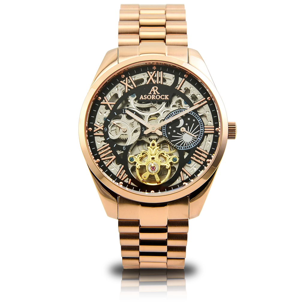 Rosegold/Black Villa Automatic Tourbillon - from ASOROCK WATCHES  a black african american owned luxury unique watch brand with swiss rolex, Audemars Piguet, patek homage inspired style watches. Also a custom vvs moissanite diamond watch maker.