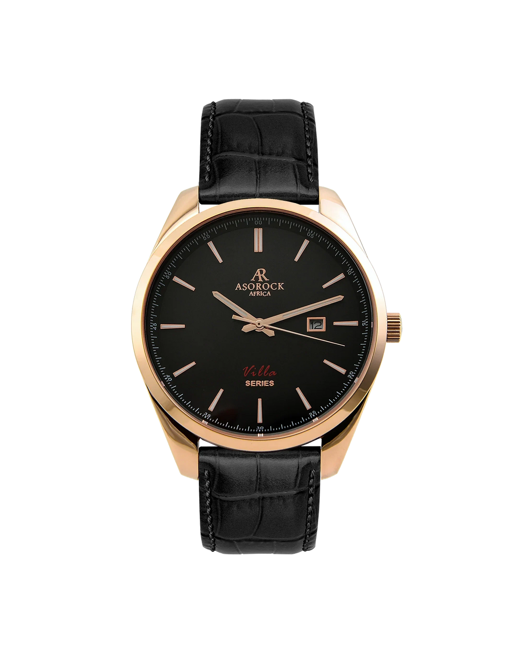 Rosegold/black - black leather strap Villa - from ASOROCK WATCHES  a black african american owned luxury unique watch brand with swiss rolex, Audemars Piguet, patek homage inspired style watches. Also a custom vvs moissanite diamond watch maker.