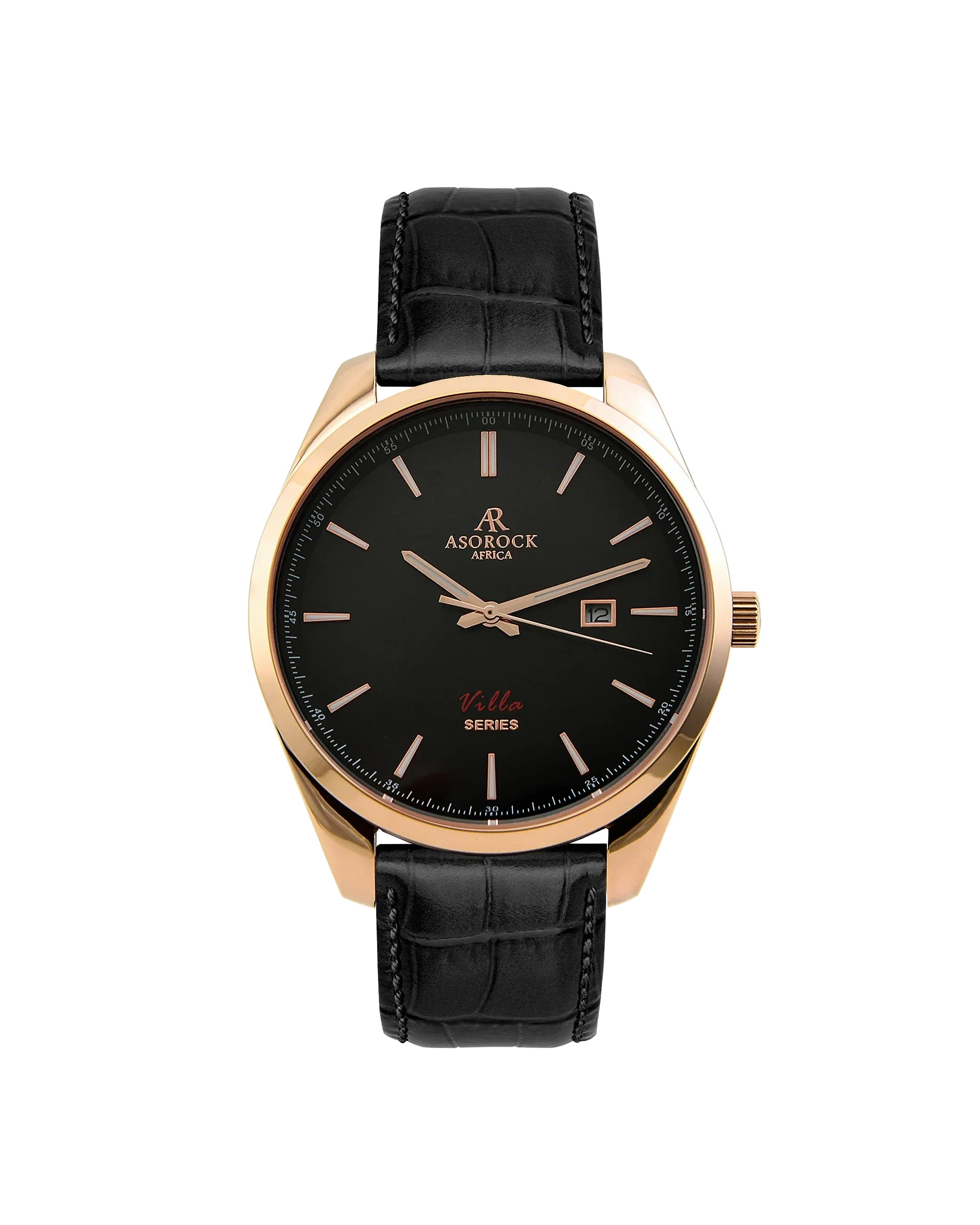 Rosegold/black - black leather strap Villa - from ASOROCK WATCHES  a black african american owned luxury unique watch brand with swiss rolex, Audemars Piguet, patek homage inspired style watches. Also a custom vvs moissanite diamond watch maker.