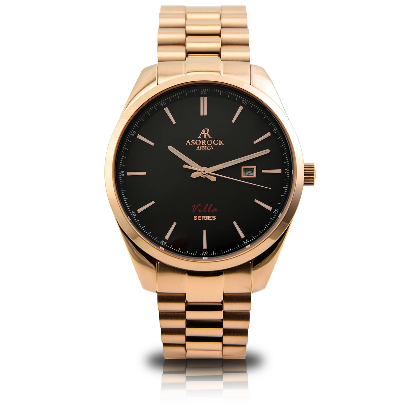 Rosegold/black villa - from ASOROCK WATCHES  a black african american owned luxury unique watch brand with swiss rolex, Audemars Piguet, patek homage inspired style watches. Also a custom vvs moissanite diamond watch maker.