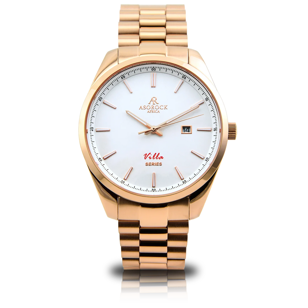 Rosegold/White Villa - from ASOROCK WATCHES  a black african american owned luxury unique watch brand with swiss rolex, Audemars Piguet, patek homage inspired style watches. Also a custom vvs moissanite diamond watch maker.