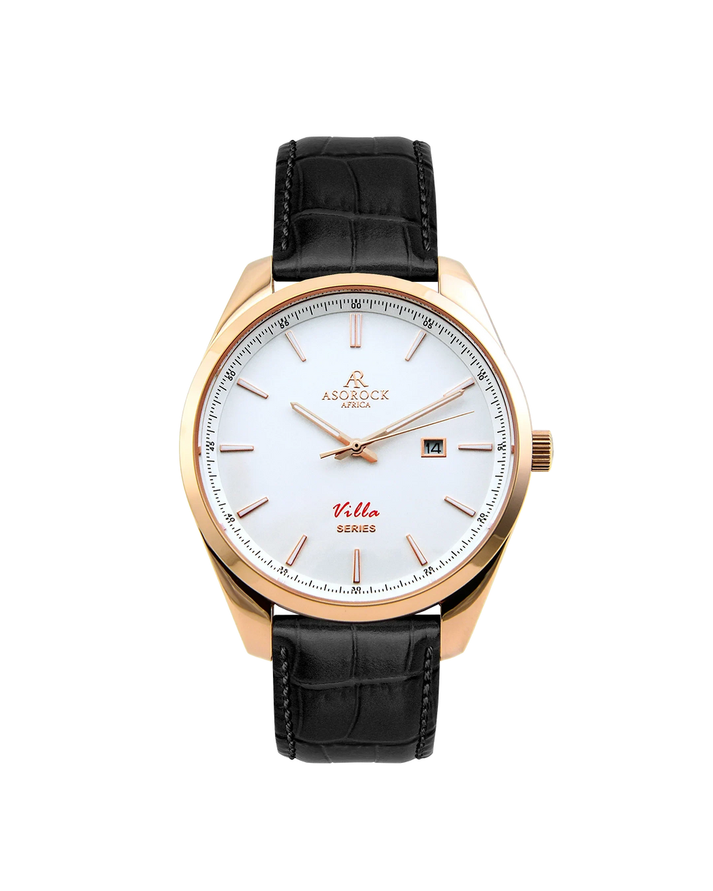 Rosegold/White - black leather strap Villa - from ASOROCK WATCHES  a black african american owned luxury unique watch brand with swiss rolex, Audemars Piguet, patek homage inspired style watches. Also a custom vvs moissanite diamond watch maker.