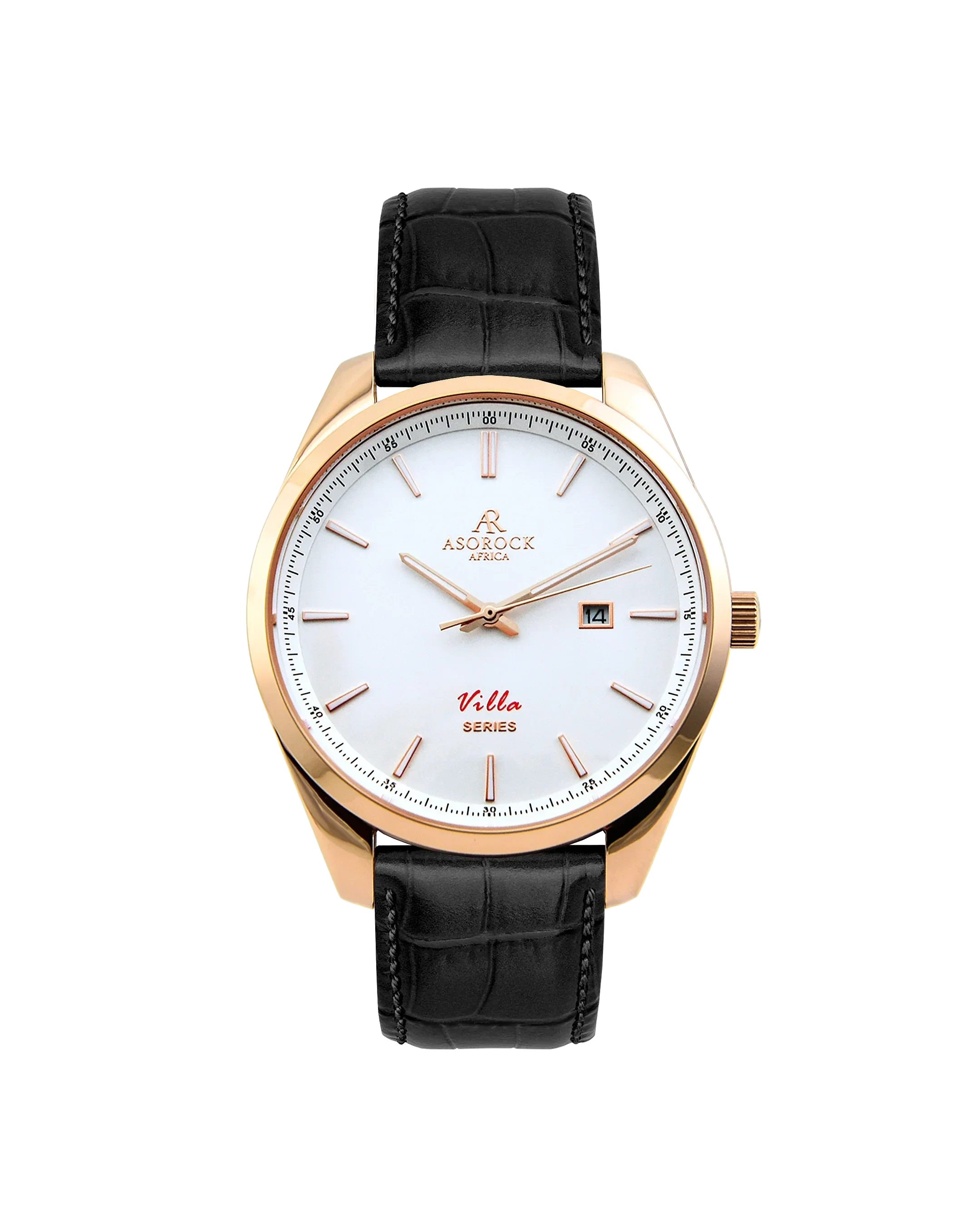 Rosegold/White - black leather strap Villa - from ASOROCK WATCHES  a black african american owned luxury unique watch brand with swiss rolex, Audemars Piguet, patek homage inspired style watches. Also a custom vvs moissanite diamond watch maker.