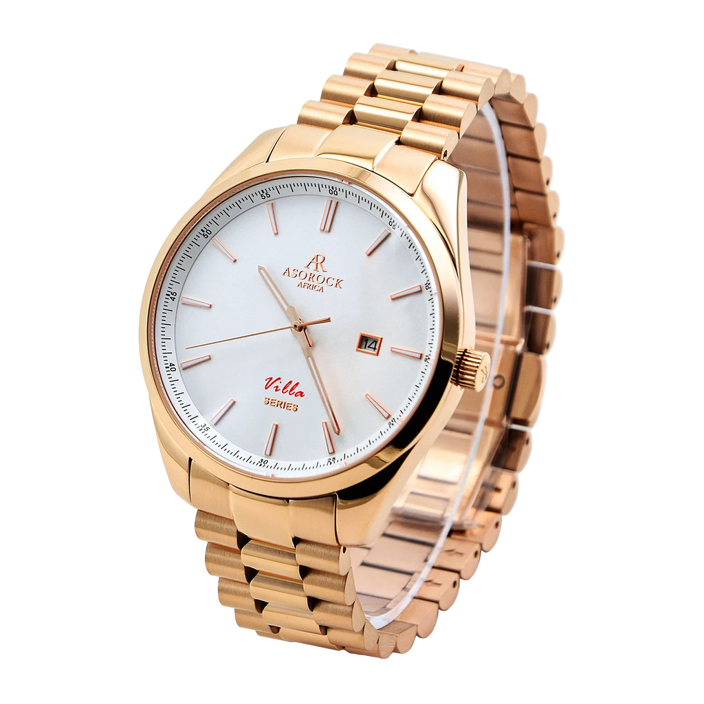 Rosegold/White Villa - from ASOROCK WATCHES  a black african american owned luxury unique watch brand with swiss rolex, Audemars Piguet, patek homage inspired style watches. Also a custom vvs moissanite diamond watch maker.