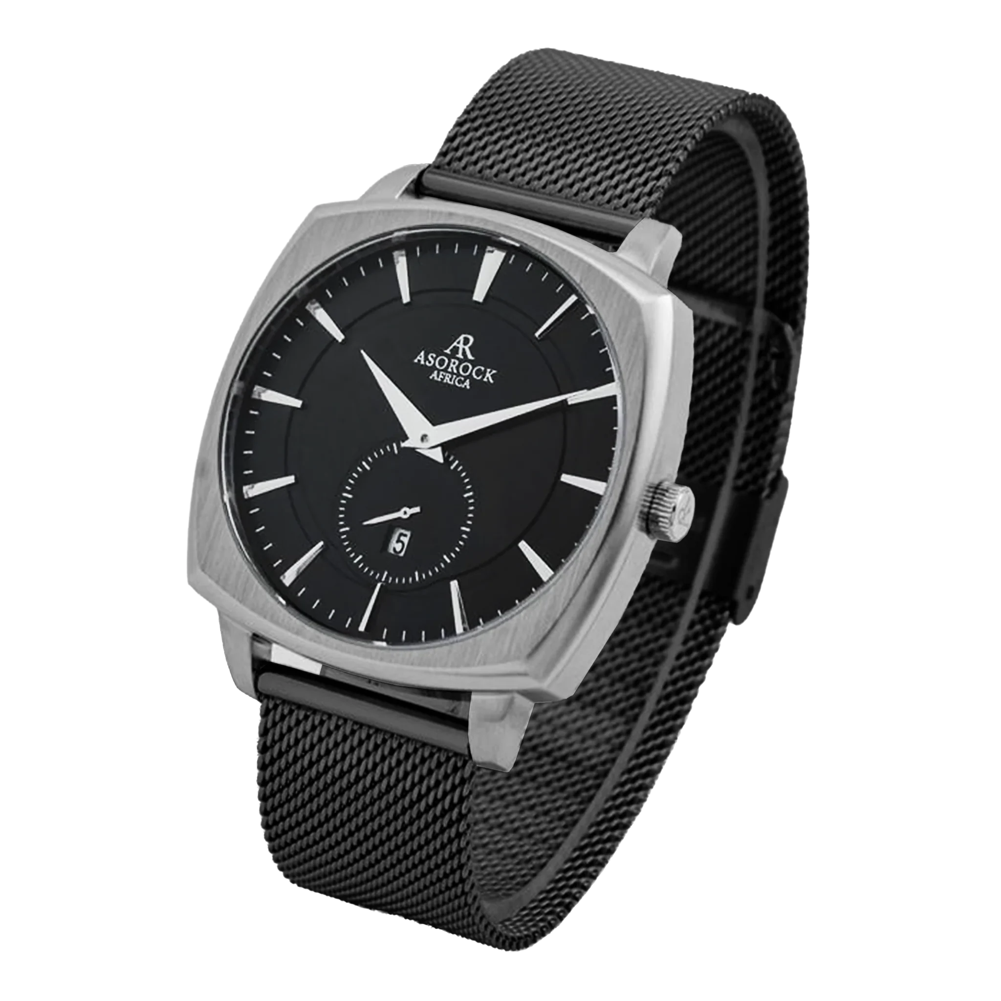 Black/Silver Monolith (black mesh strap) - from ASOROCK WATCHES  a black african american owned luxury unique watch brand with swiss rolex, Audemars Piguet, patek homage inspired style watches. Also a custom vvs moissanite diamond watch maker.