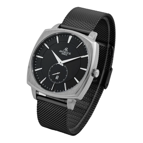 Black/Silver Monolith (black mesh strap) - from ASOROCK WATCHES  a black african american owned luxury unique watch brand with swiss rolex, Audemars Piguet, patek homage inspired style watches. Also a custom vvs moissanite diamond watch maker.