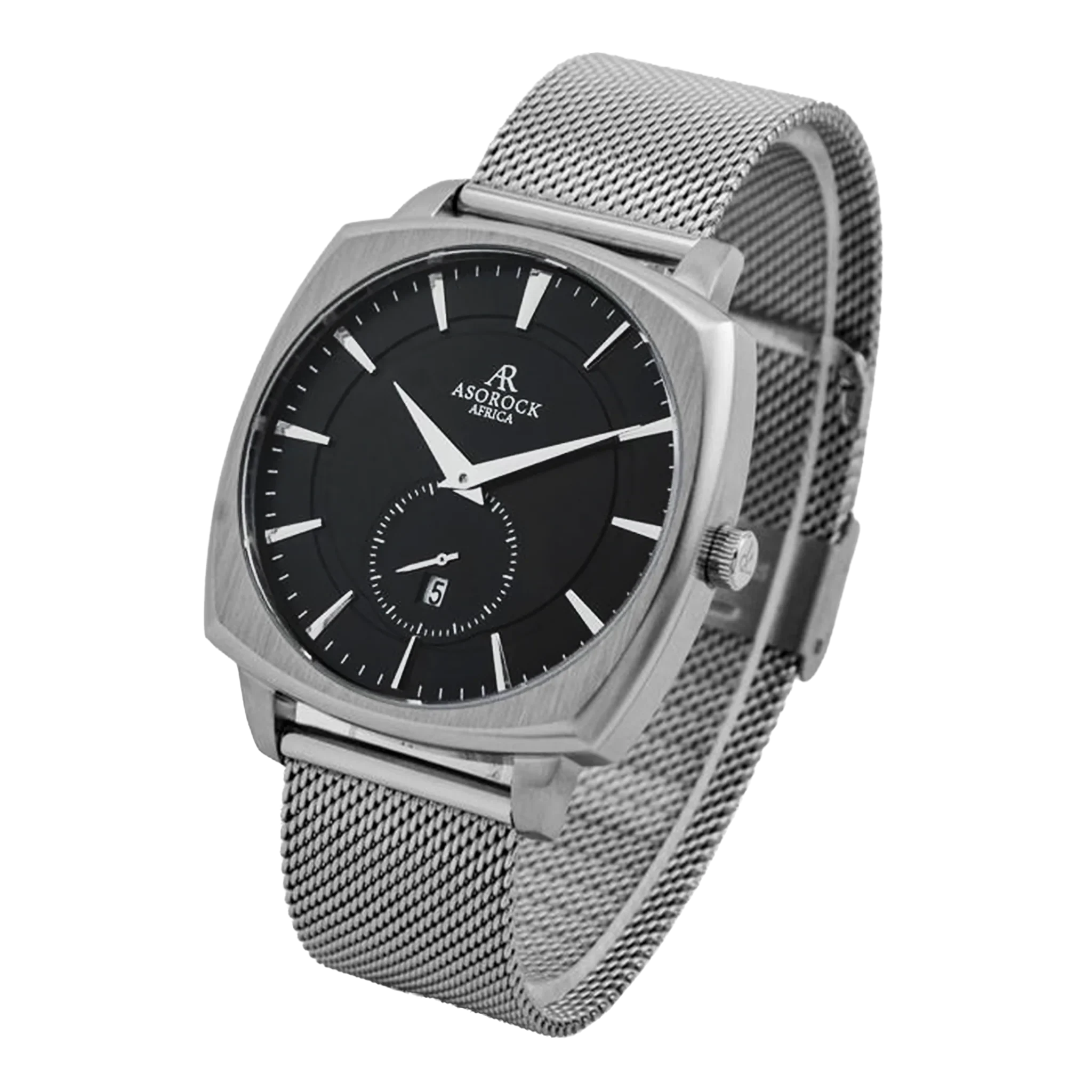 Black/Silver Monolith (silver mesh strap) - from ASOROCK WATCHES  a black african american owned luxury unique watch brand with swiss rolex, Audemars Piguet, patek homage inspired style watches. Also a custom vvs moissanite diamond watch maker.