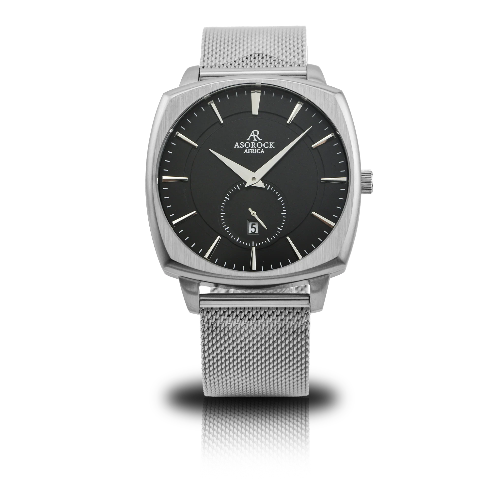Black/Silver Monolith (silver mesh strap) - from ASOROCK WATCHES  a black african american owned luxury unique watch brand with swiss rolex, Audemars Piguet, patek homage inspired style watches. Also a custom vvs moissanite diamond watch maker.