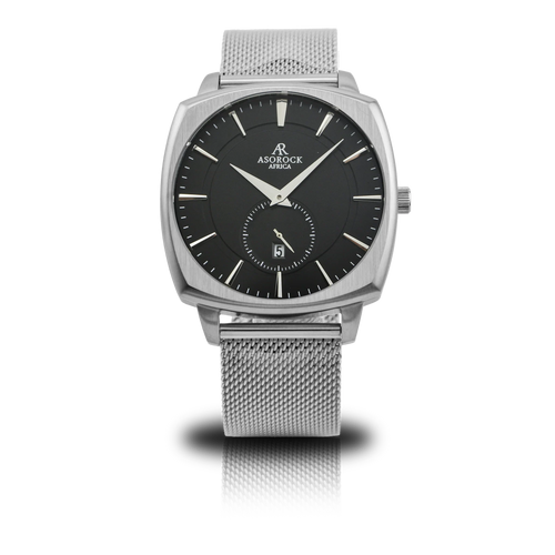 Black/Silver Monolith (silver mesh strap) - from ASOROCK WATCHES  a black african american owned luxury unique watch brand with swiss rolex, Audemars Piguet, patek homage inspired style watches. Also a custom vvs moissanite diamond watch maker.