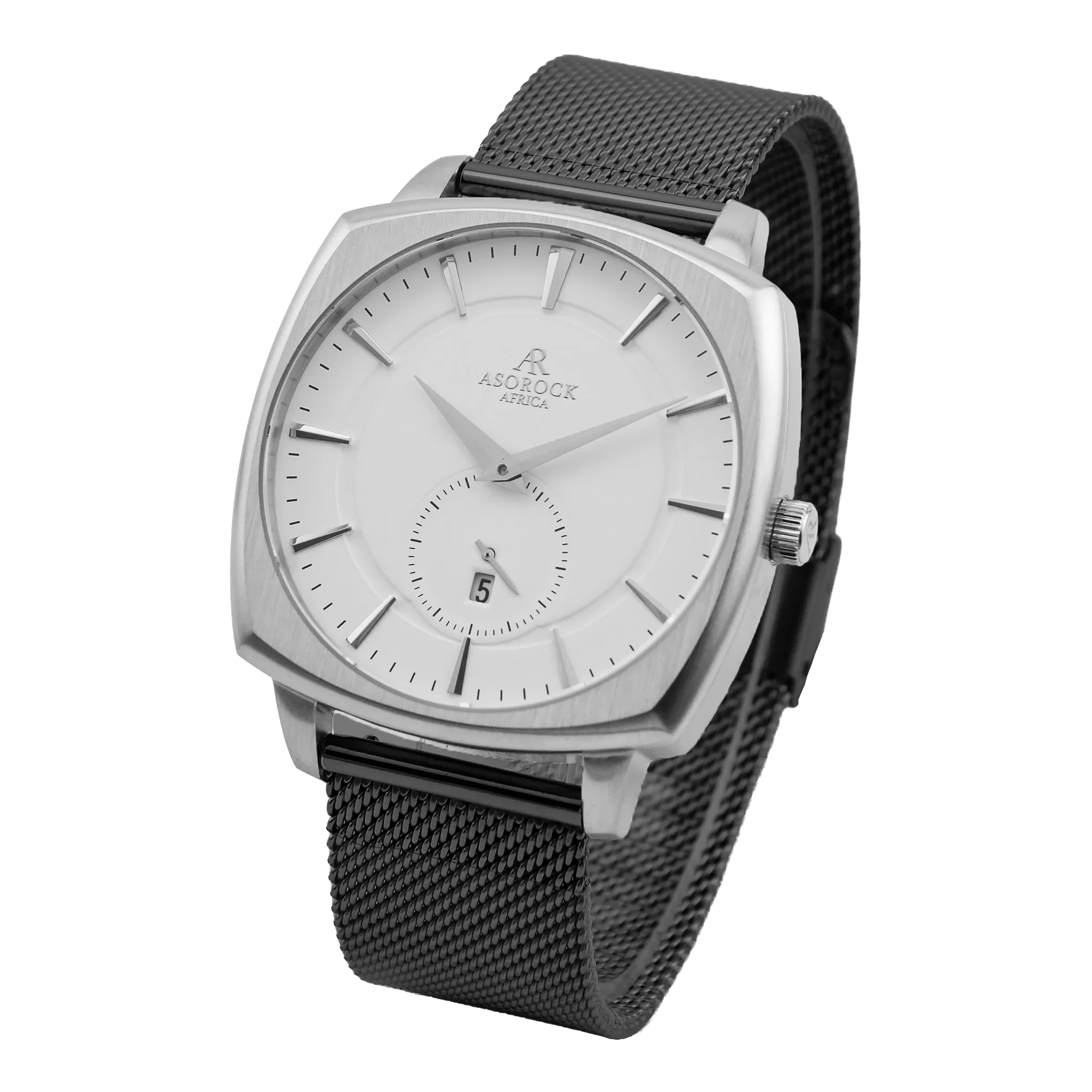 Silver/White Monolith (black mesh strap) - from ASOROCK WATCHES  a black african american owned luxury unique watch brand with swiss rolex, Audemars Piguet, patek homage inspired style watches. Also a custom vvs moissanite diamond watch maker.