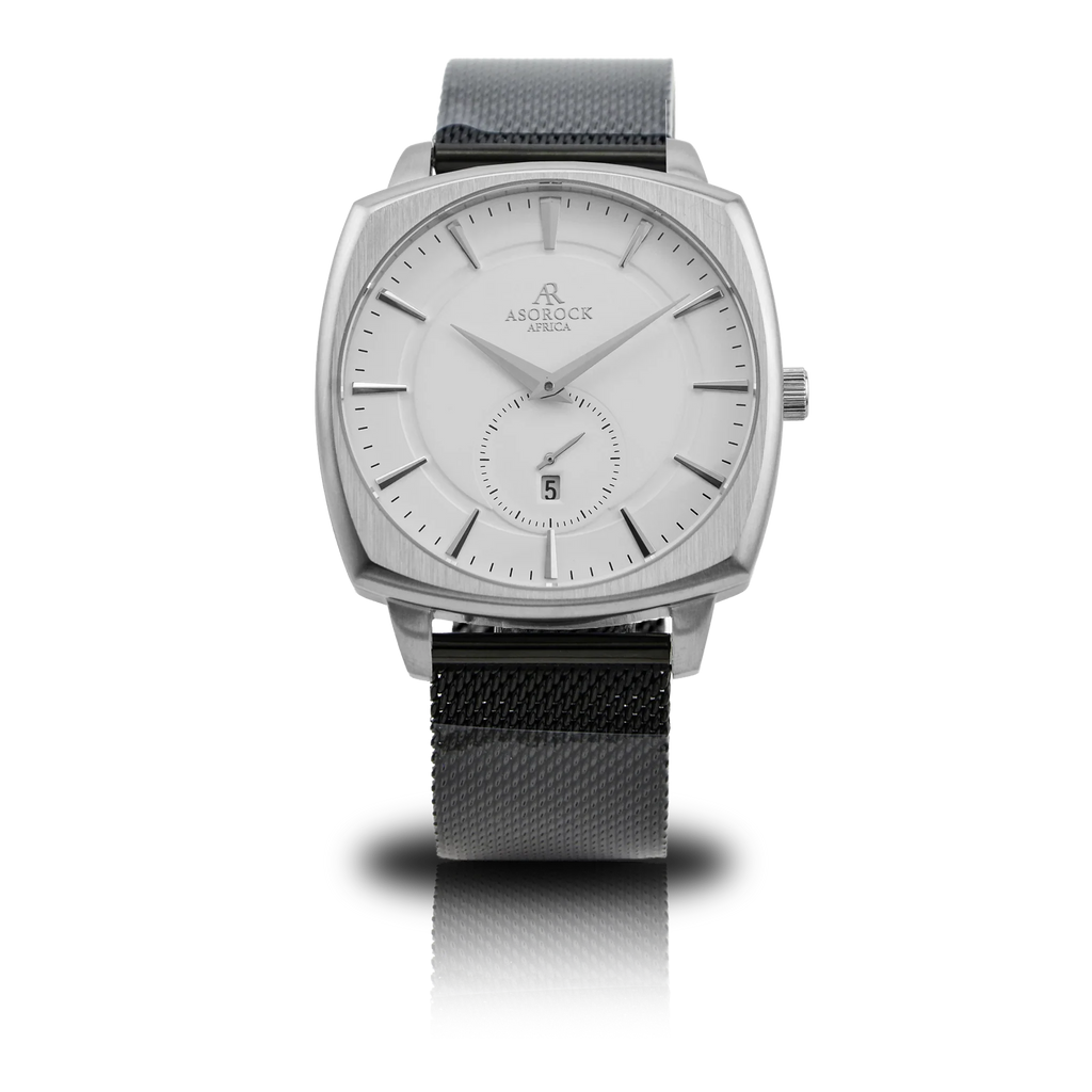 Silver/White Monolith (black mesh strap) - from ASOROCK WATCHES  a black african american owned luxury unique watch brand with swiss rolex, Audemars Piguet, patek homage inspired style watches. Also a custom vvs moissanite diamond watch maker.