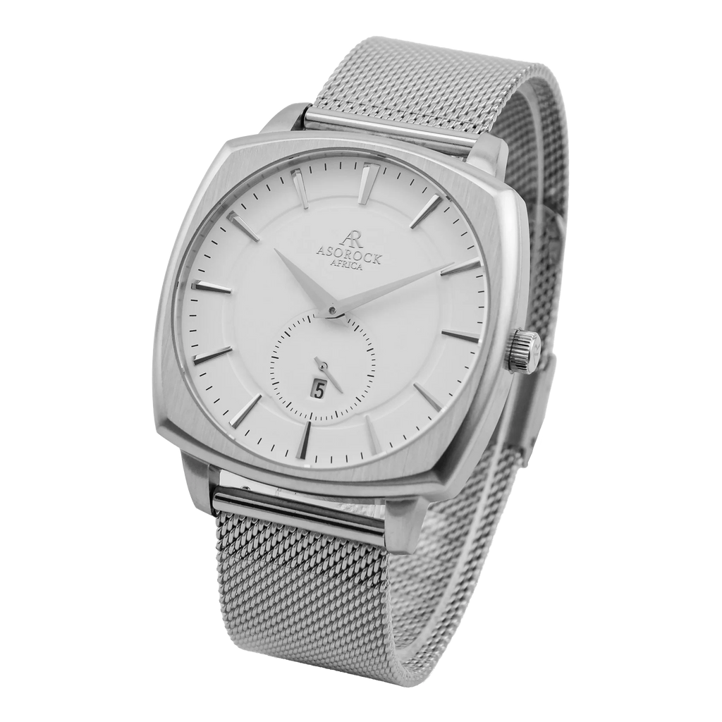 Silver/White Monolith (silver mesh strap) - from ASOROCK WATCHES  a black african american owned luxury unique watch brand with swiss rolex, Audemars Piguet, patek homage inspired style watches. Also a custom vvs moissanite diamond watch maker.